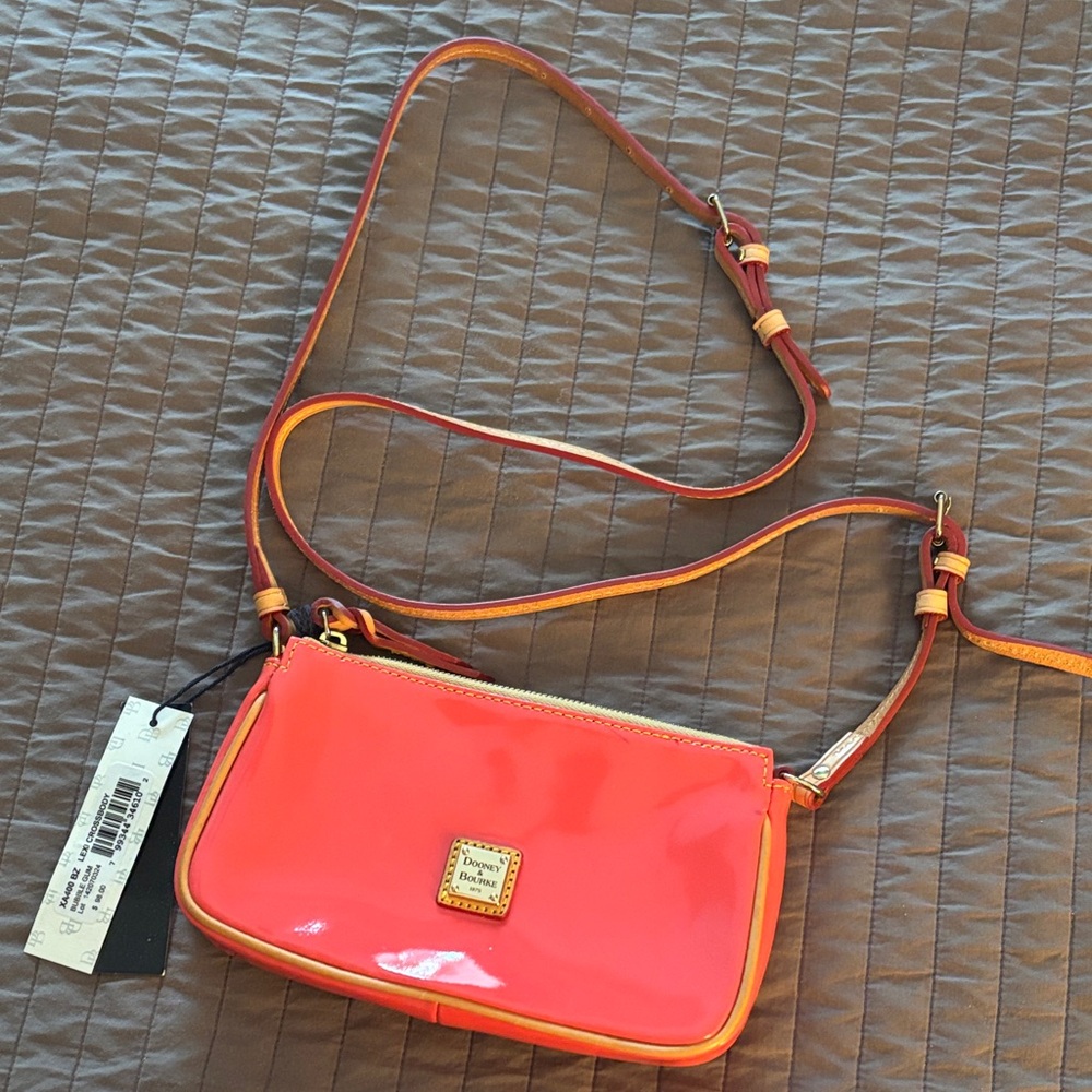 Dooney & Bourke Bright Coral Patent Crossbody with Tan Trim